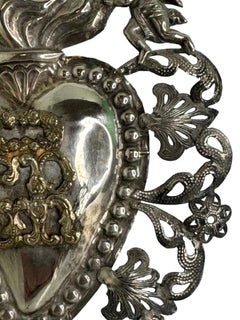 Beautiful Silver Sacred Heart Ex Voto with Cherub Angel, Antique European Italy