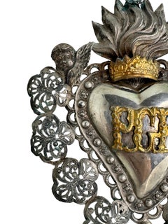 Beautiful Silver Sacred Heart Ex Voto with Cherub Angel, Antique European Italy