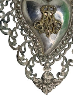 Beautiful Silver Sacred Heart Ex Voto with Cherub Angel, Antique European Italy