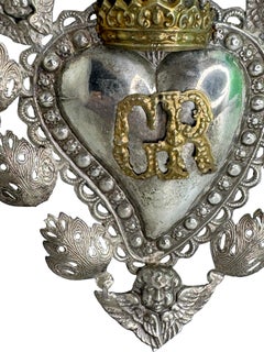 Beautiful Silver Sacred Heart Ex Voto with Cherub Angel, Antique European Italy