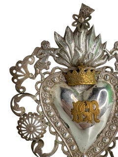 Beautiful Silver Sacred Heart Ex Voto with Cherub Angel, Antique European Italy