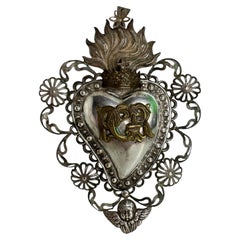 Beautiful Silver Sacred Heart Ex Voto with Cherub Angel, Antique European Italy