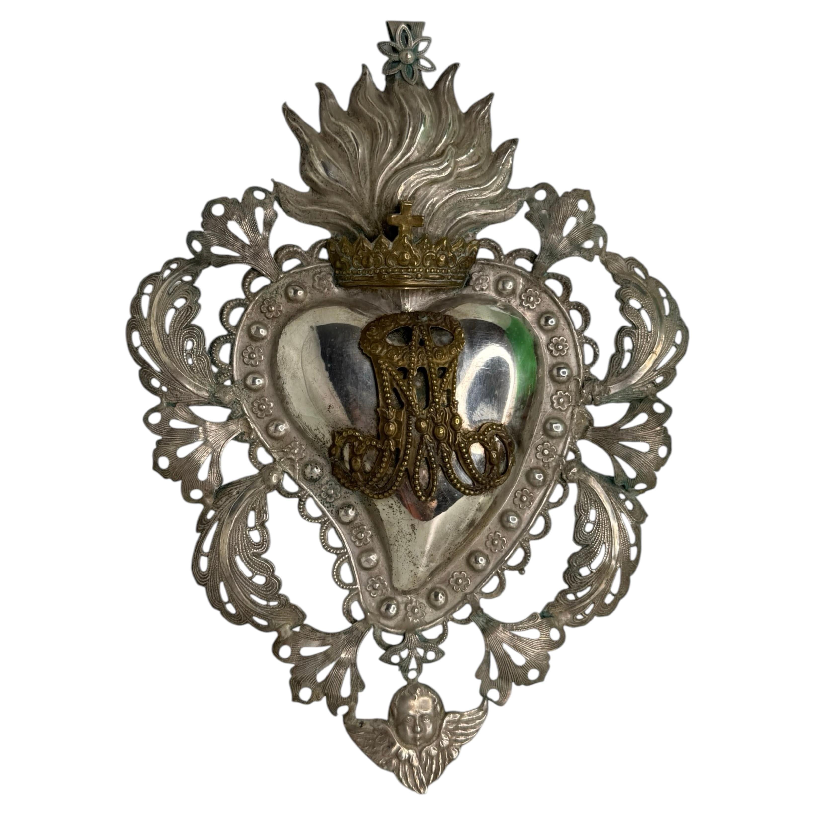 Beautiful Silver Sacred Heart Ex Voto with Cherub Angel, Antique European Italy