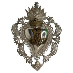 Beautiful Silver Sacred Heart Ex Voto with Cherub Angel, Antique European Italy