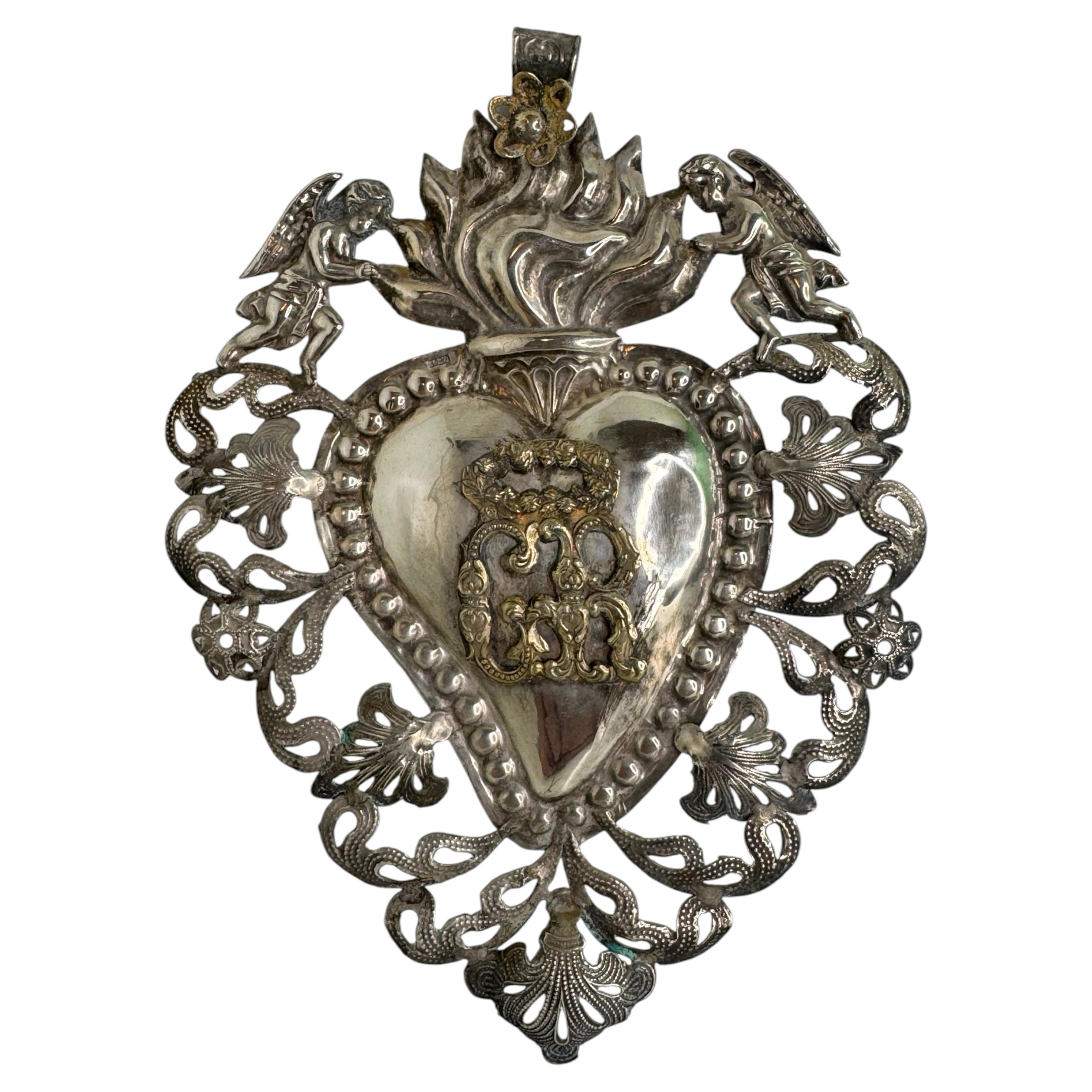 Beautiful Silver Sacred Heart Ex Voto with Cherub Angel, Antique European Italy