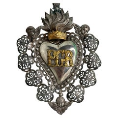 Beautiful Silver Sacred Heart Ex Voto with Cherub Angel, Antique European Italy