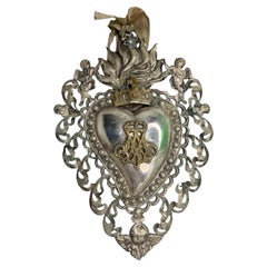 Beautiful Silver Sacred Heart Ex Voto with Cherub Angel, Antique European Italy