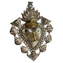 Beautiful Silver Sacred Heart Ex Voto with Cherub Angel, Antique European Italy