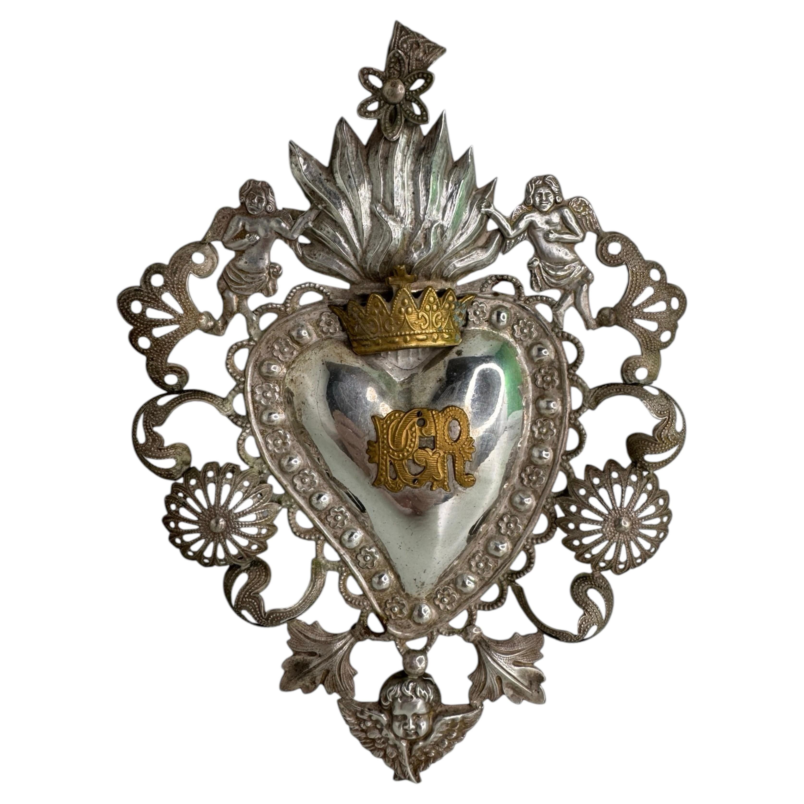 Beautiful Silver Sacred Heart Ex Voto with Cherub Angel, Antique European Italy