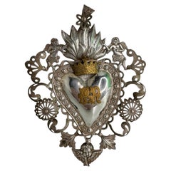 Beautiful Silver Sacred Heart Ex Voto with Cherub Angel, Antique European Italy
