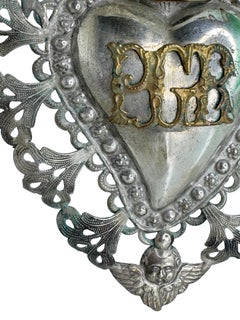 Beautiful Silver Sacred Heart Ex Voto with Cherub Angel, Antique Italy 1929