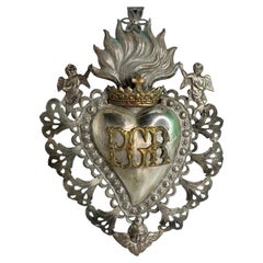 Beautiful Silver Sacred Heart Ex Voto with Cherub Angel, Antique Italy 1929