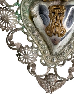 Beautiful Silver Sacred Heart Ex Voto with Cherub Angel, Antique Italy