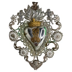 Beautiful Silver Sacred Heart Ex Voto with Cherub Angel, Antique Italy