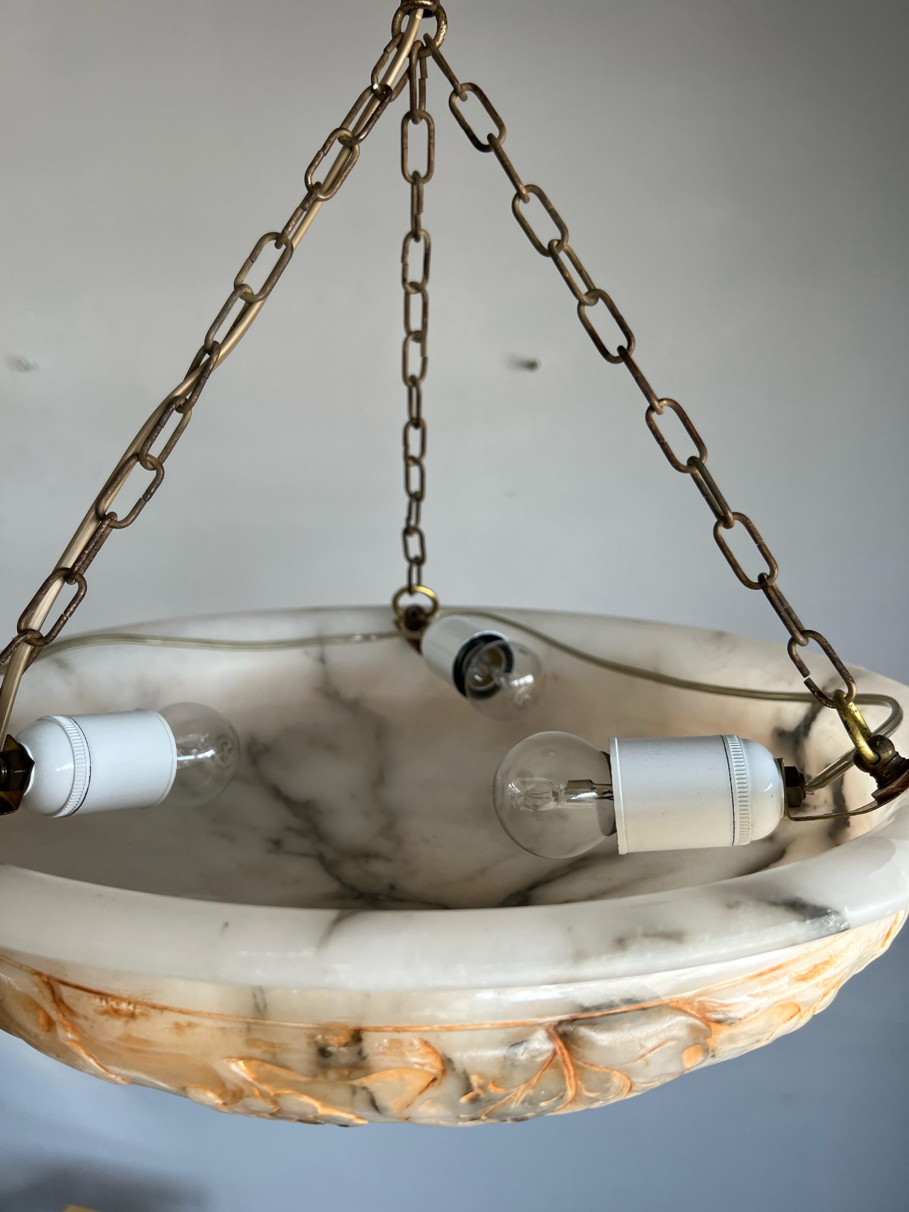 Top Class, Arts & Crafts era Chandelier with an Unique Carved Alabaster Shade  For Sale 9