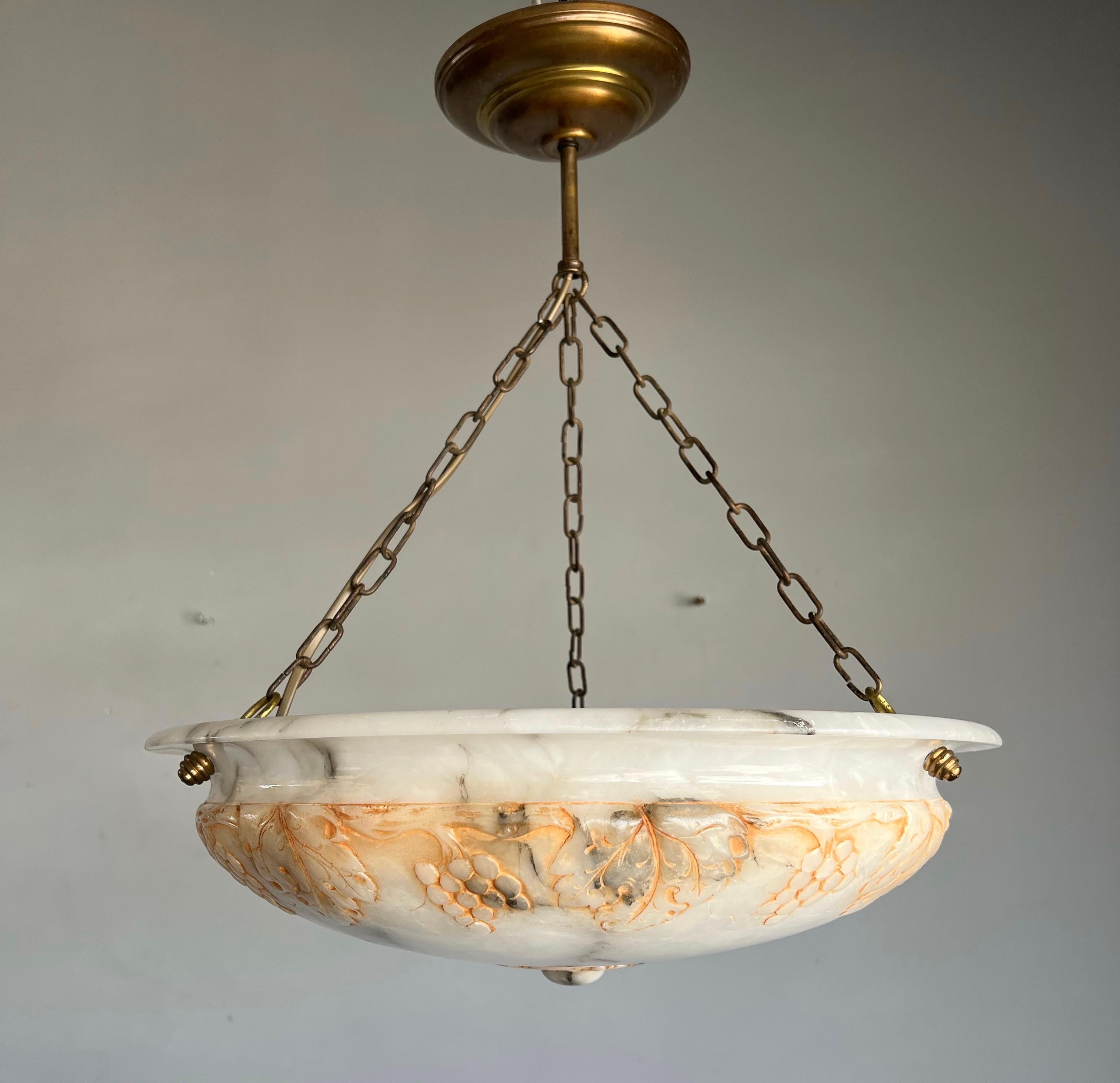 Arts and Crafts Top Class, Arts & Crafts era Chandelier with an Unique Carved Alabaster Shade  For Sale