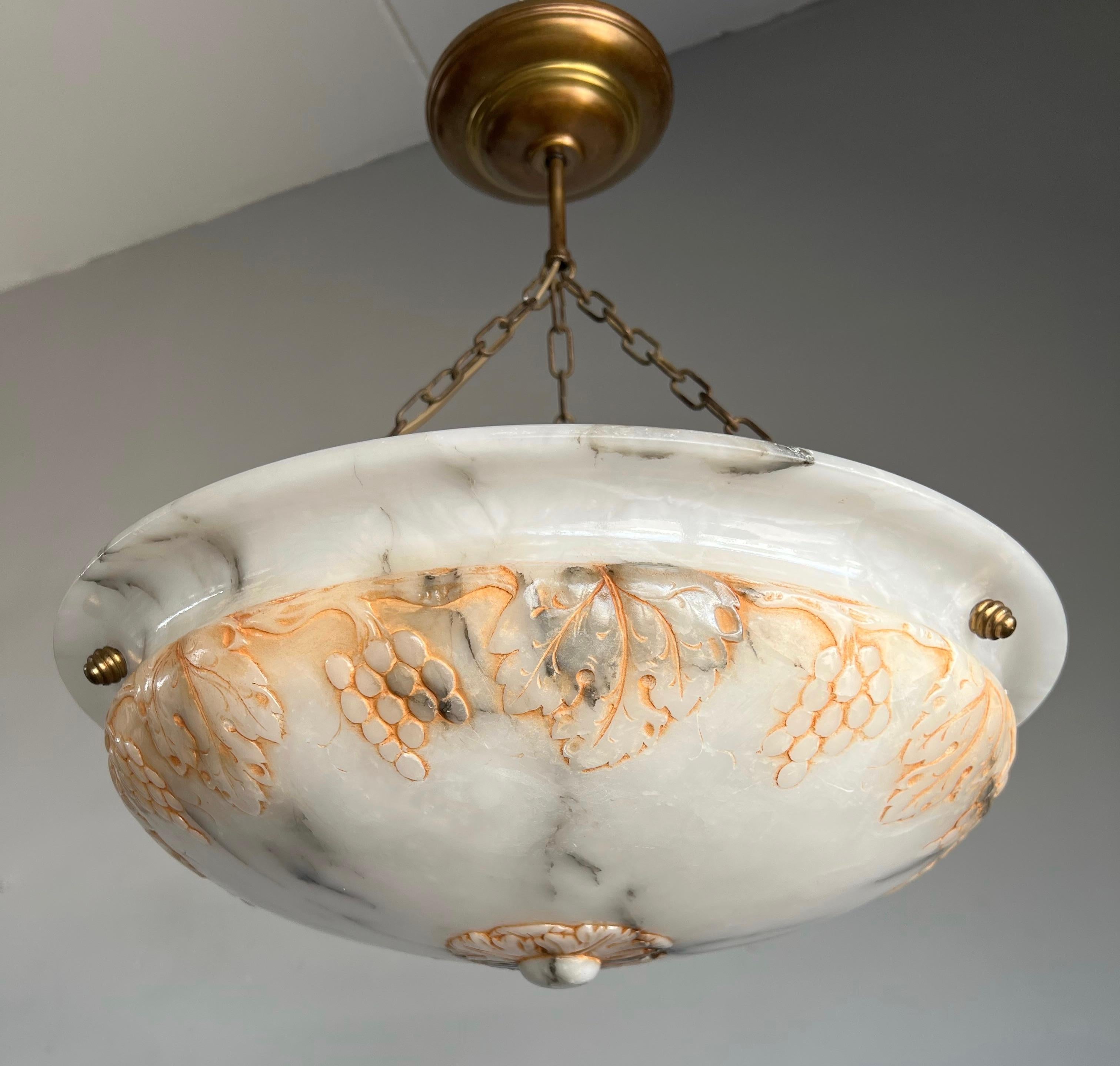 European Top Class, Arts & Crafts era Chandelier with an Unique Carved Alabaster Shade  For Sale