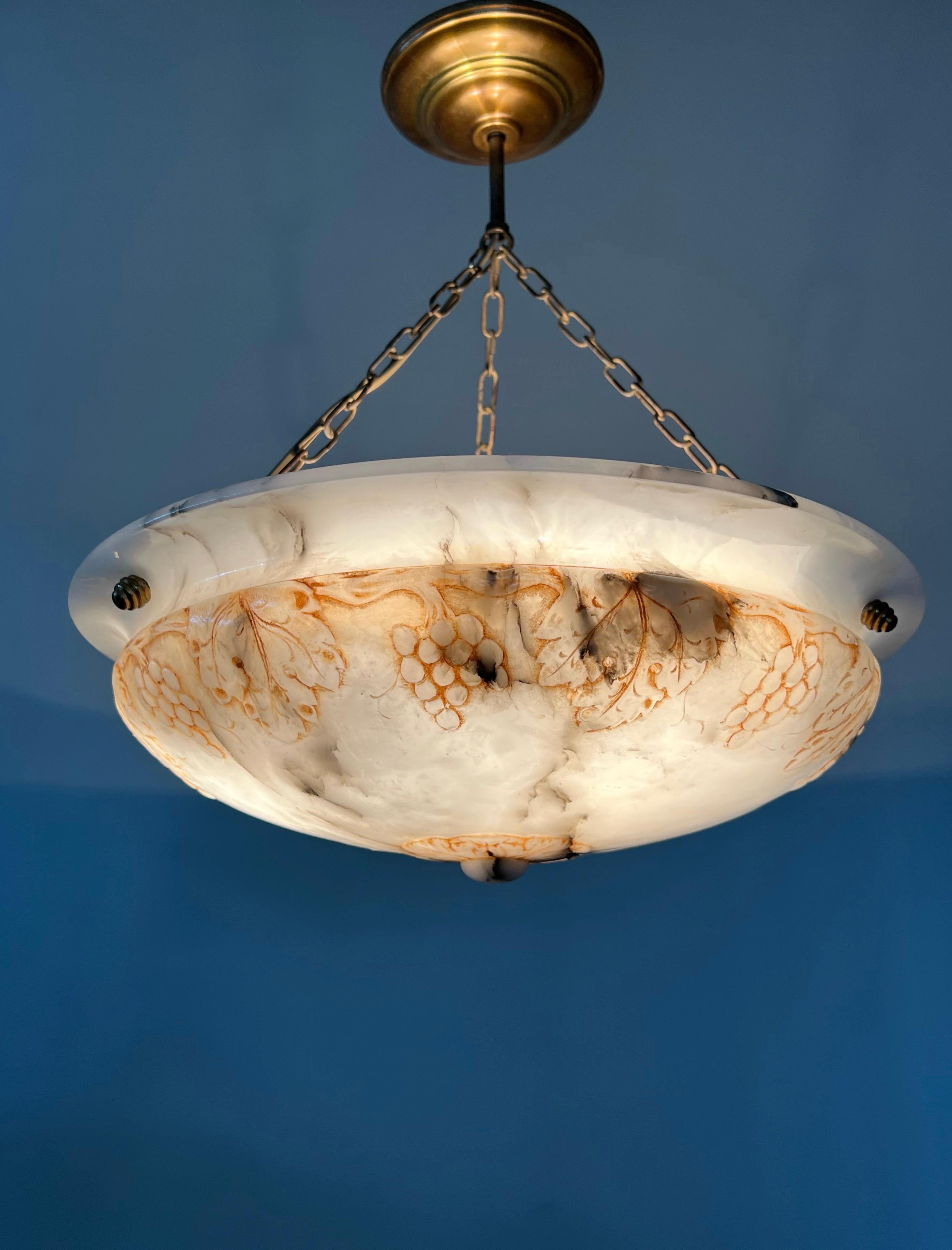 Top Class, Arts & Crafts era Chandelier with an Unique Carved Alabaster Shade  In Good Condition For Sale In Lisse, NL