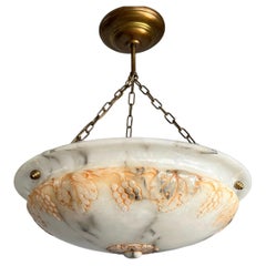Antique Top Class, Arts & Crafts era Chandelier with an Unique Carved Alabaster Shade 