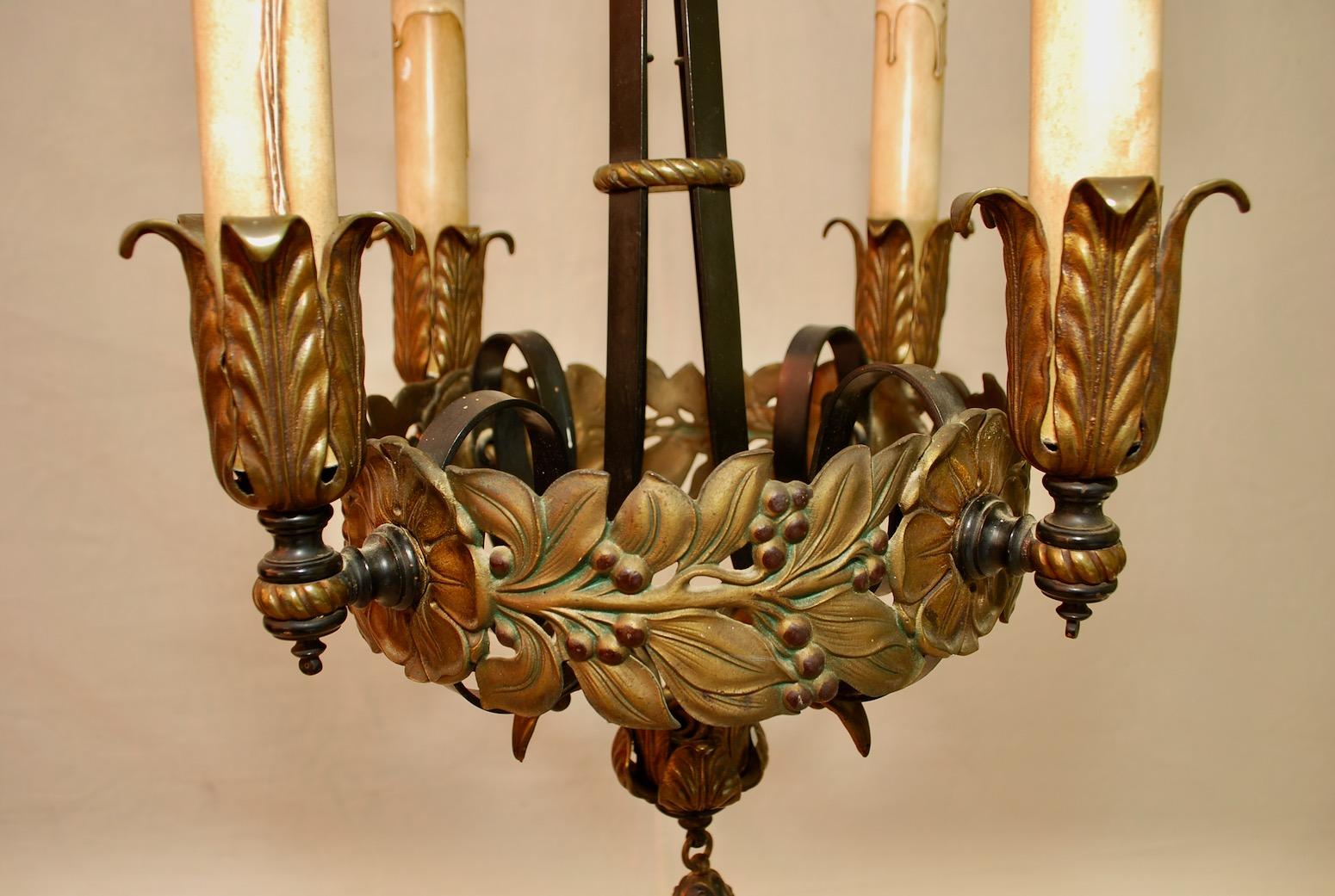 Beautiful Small 1920s Wrought Iron/Brass Chandelier In Good Condition For Sale In Los Angeles, CA