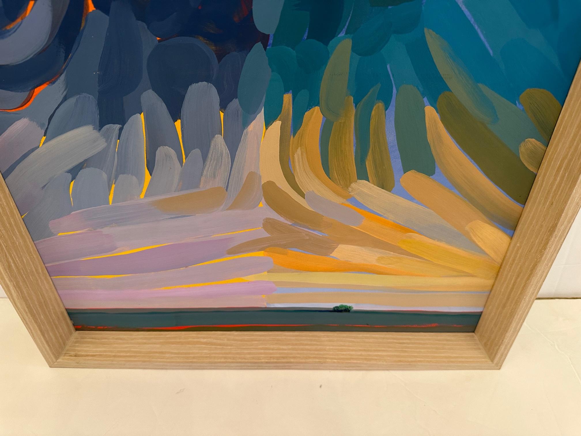 Striking small abstract landscape with bold brushstrokes and rainbow colors. New blonde wood frame.