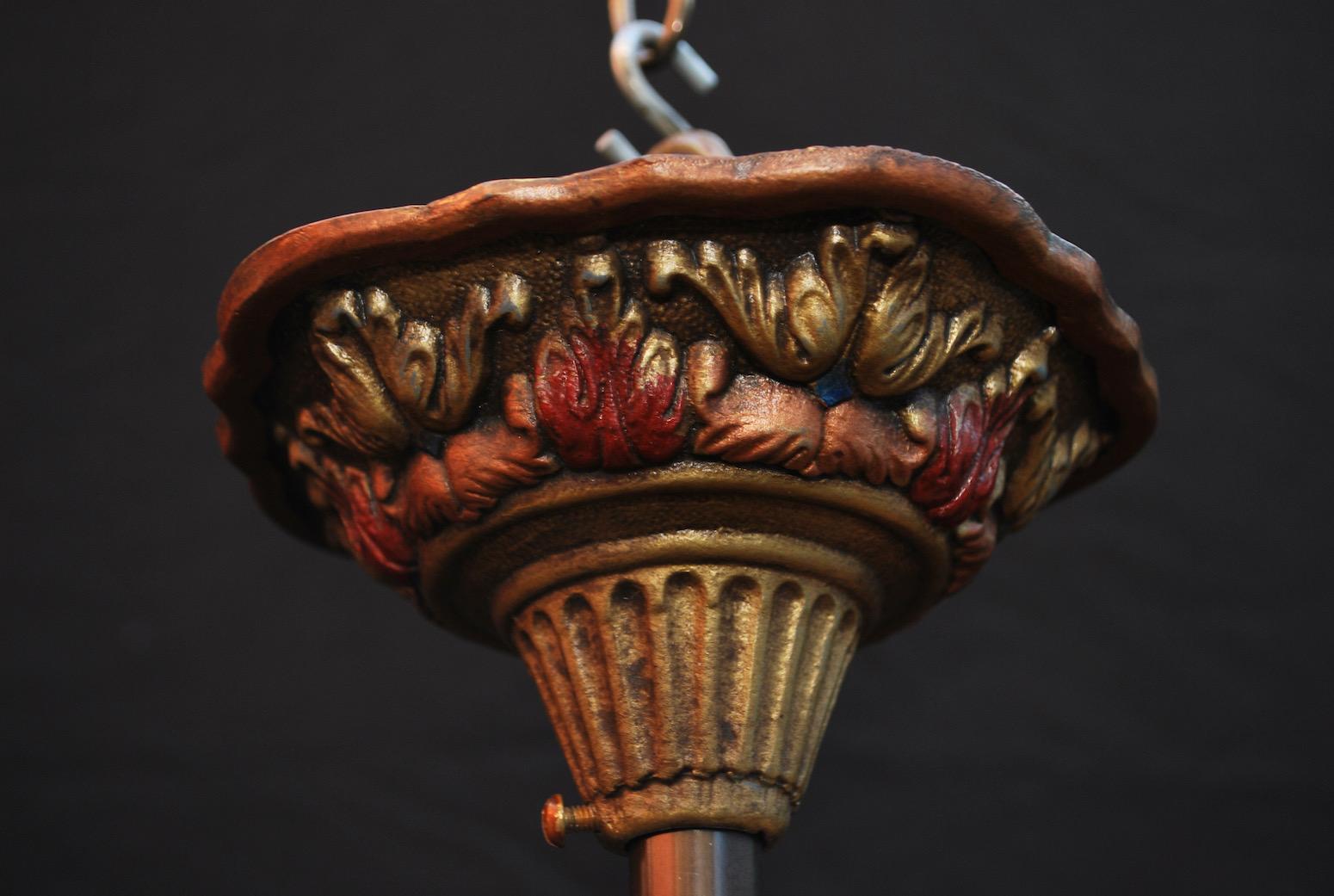 A beautiful flush Art Deco light, it used to be my light for many years, we love it, it give a beautiful light, the height of 8 inch is with out the finial, with the finial it is 11 inch.

 