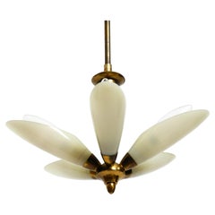 Beautiful small Italian Mid Century brass ceiling lamp with beige glass shades