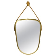 Beautiful Small Mid Century Brass Wall Mirror with a Woven Rope for Hanging