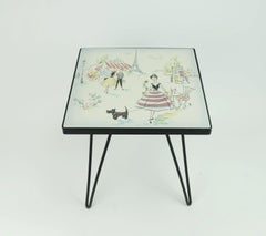 beautiful small mid century PLANT STAND with ceramic tile top paris motif metal