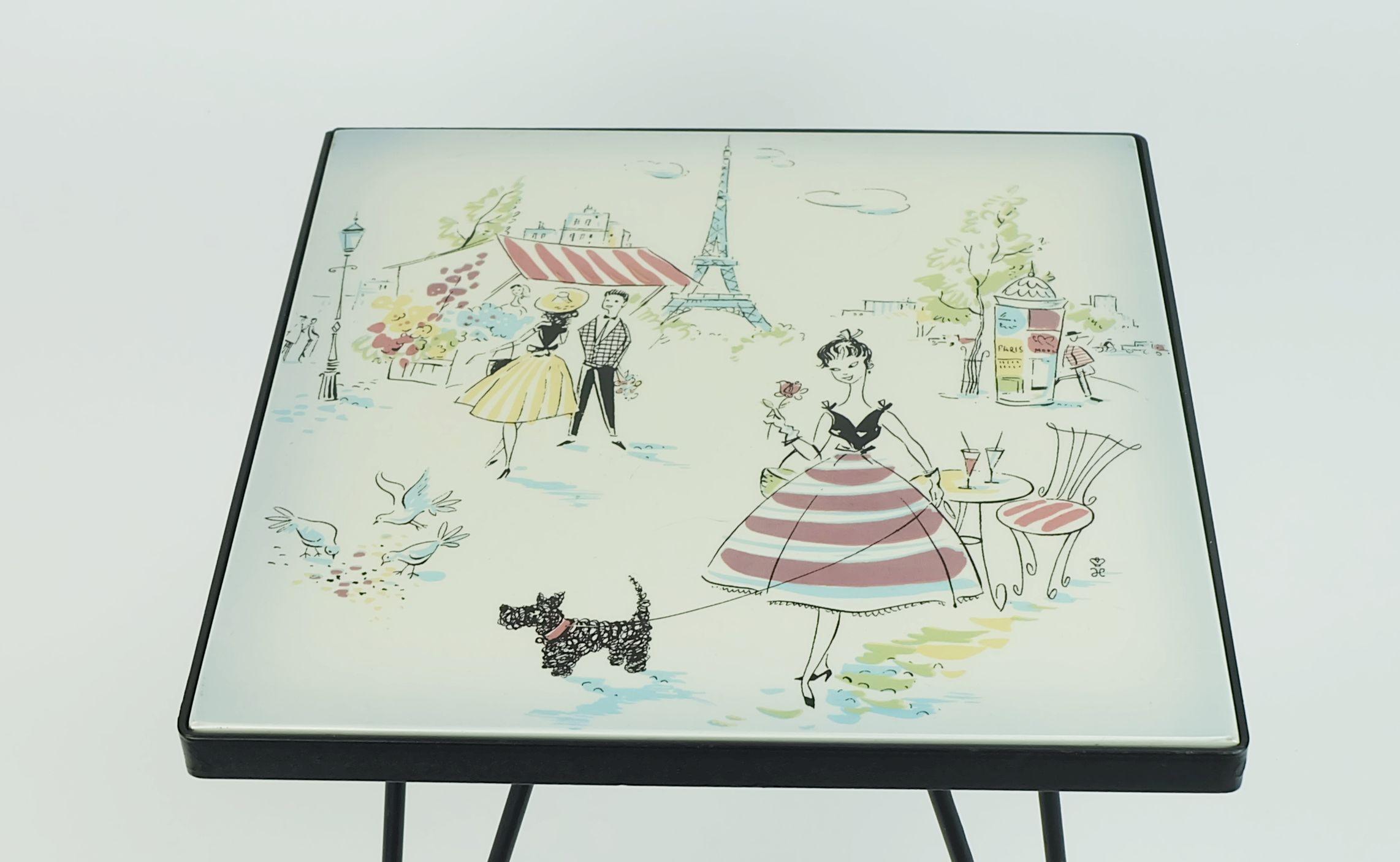 Mid-Century Modern Belle petite corbeille jardinière du milieu du siècle dernier avec dessus en céramique carrelée motif paris en vente