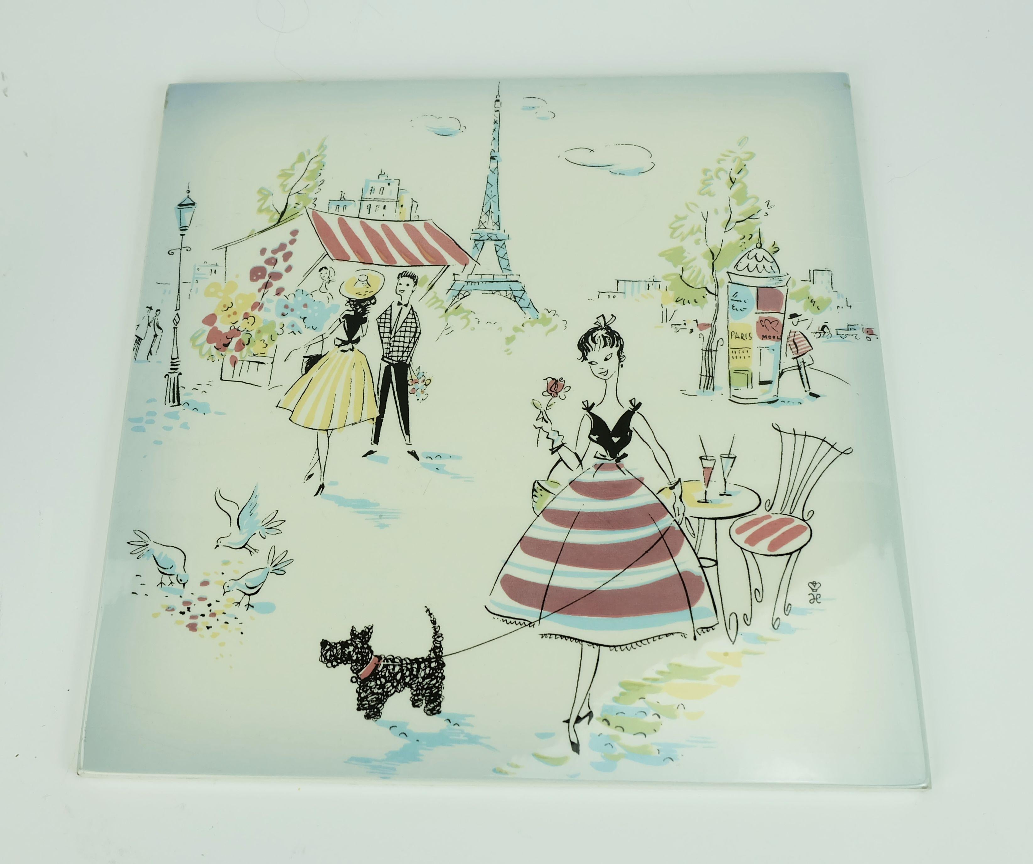 Belle petite corbeille jardinière du milieu du siècle dernier avec dessus en céramique carrelée motif paris en vente 1