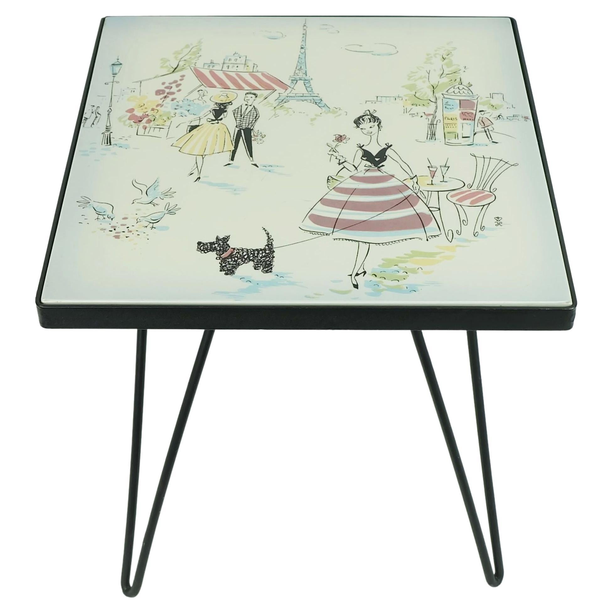 beautiful small mid century PLANT STAND with ceramic tile top paris motif metal