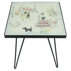 beautiful small mid century PLANT STAND with ceramic tile top paris motif metal