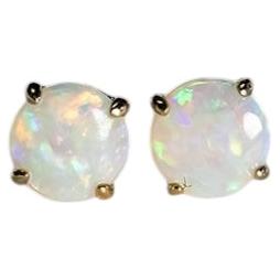 Beautiful Small Round Australian Opal Stud Earrings 14K Yellow Gold