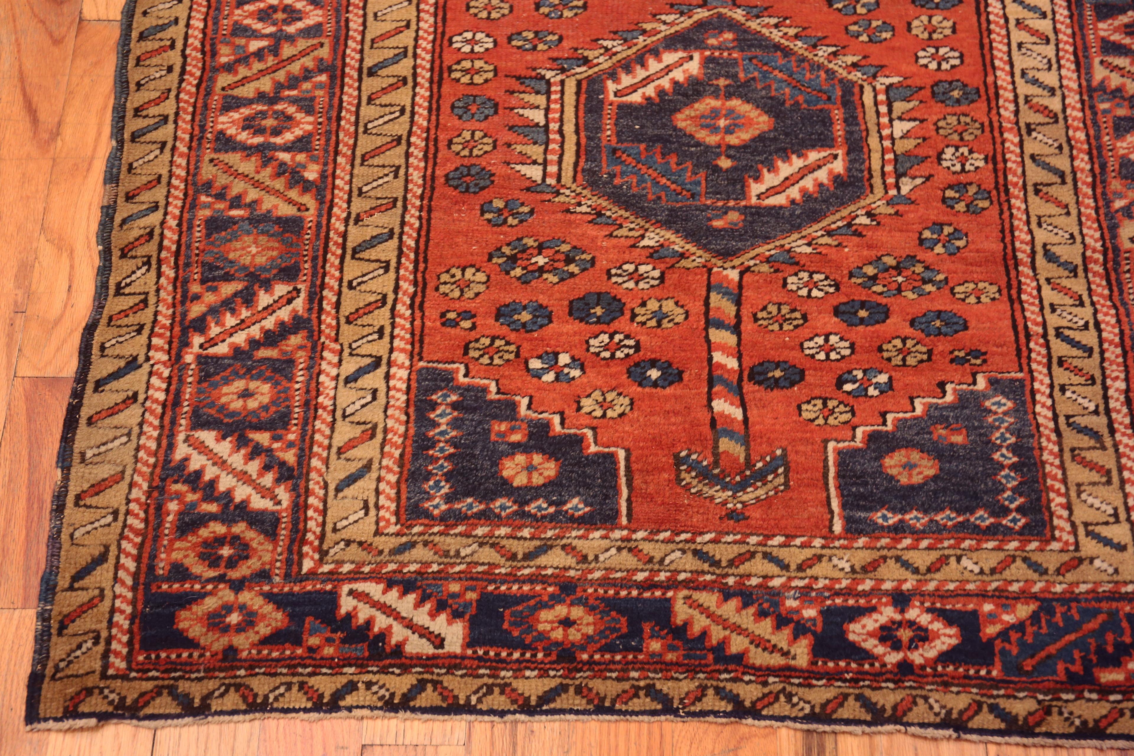 Hand-Knotted Beautiful Small Rustic Geometric Tribal Antique Persian Heriz Rug 3'10
