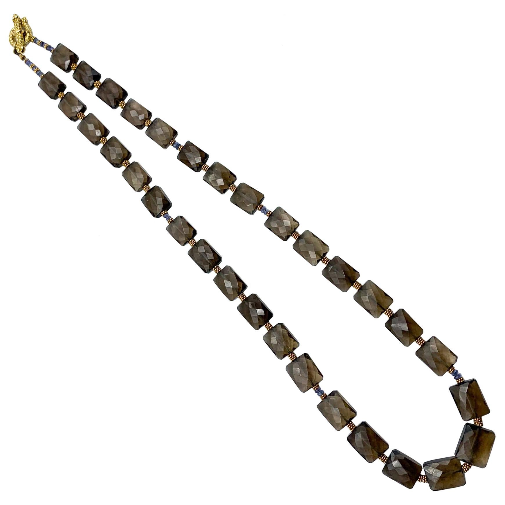 Beautiful Smokey Quartz, Sapphires, & Gold Beaded Necklace 
