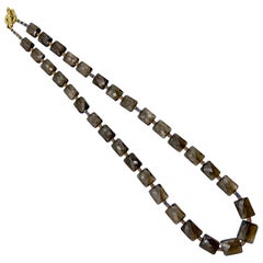 Vintage Beautiful Smokey Quartz, Sapphires, & Gold Beaded Necklace 