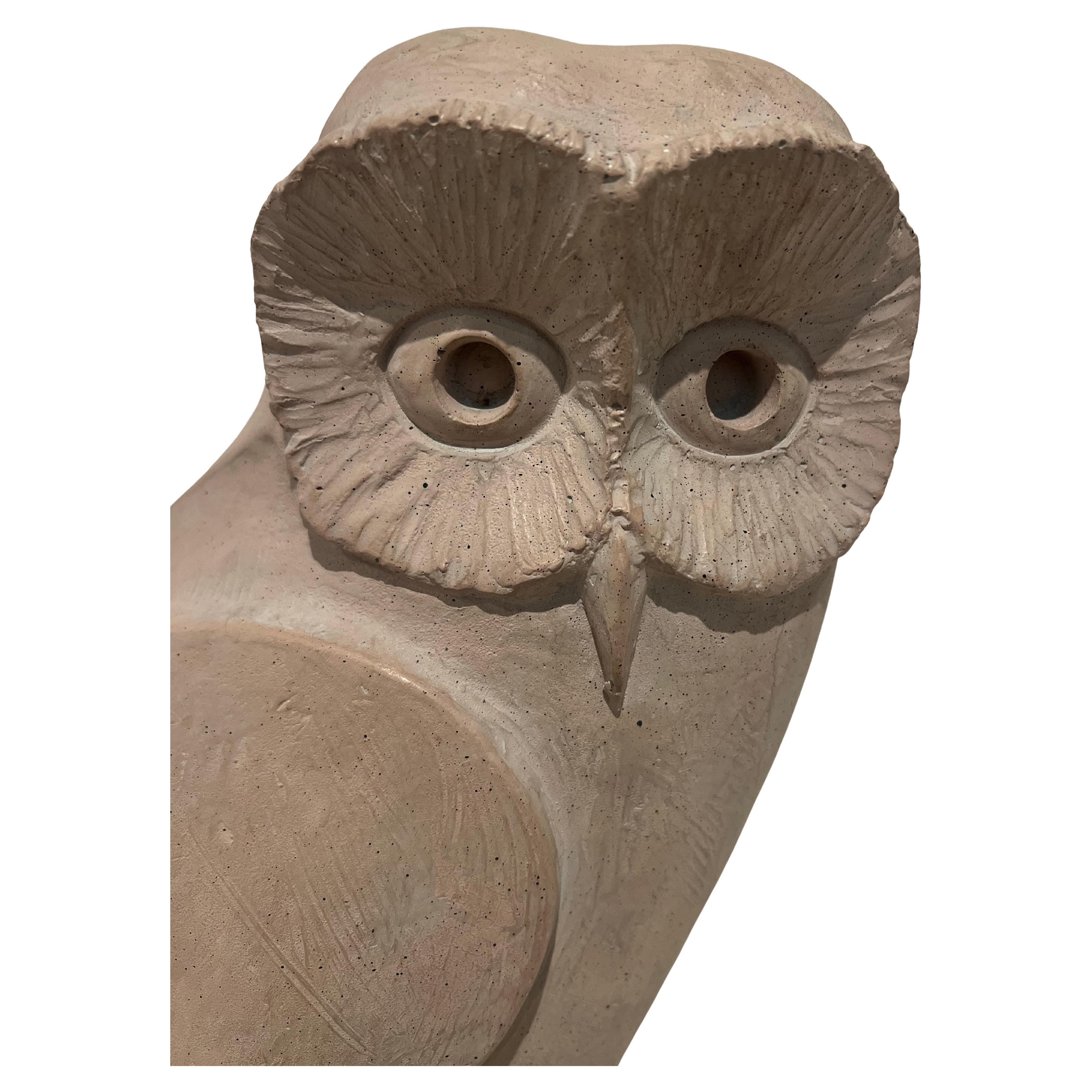 Whimsical Snow Owl ceramic plaster sculpture, by Artist Klara Sever for Austin Productions circa 1982, sitting on laminate glossy black base. great condition no chips or cracks stamped on the bottom as shown.