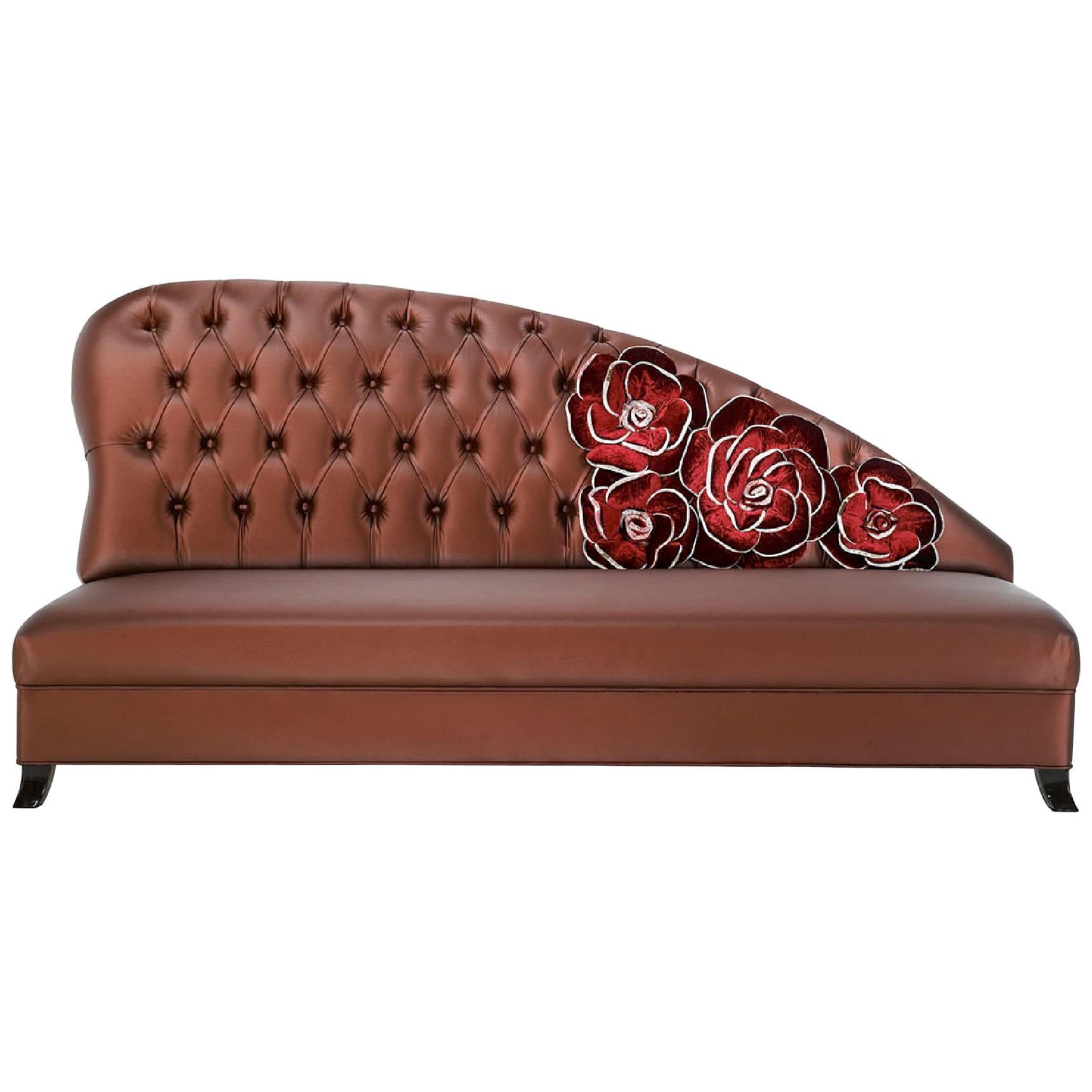 Beautiful Sofa with Decorative Silk Velvet Fabric Flowers on the Back For Sale