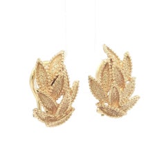 Beautiful Solid 18k Yellow Gold Textured Detailed Flames Leaves Omega Earrings