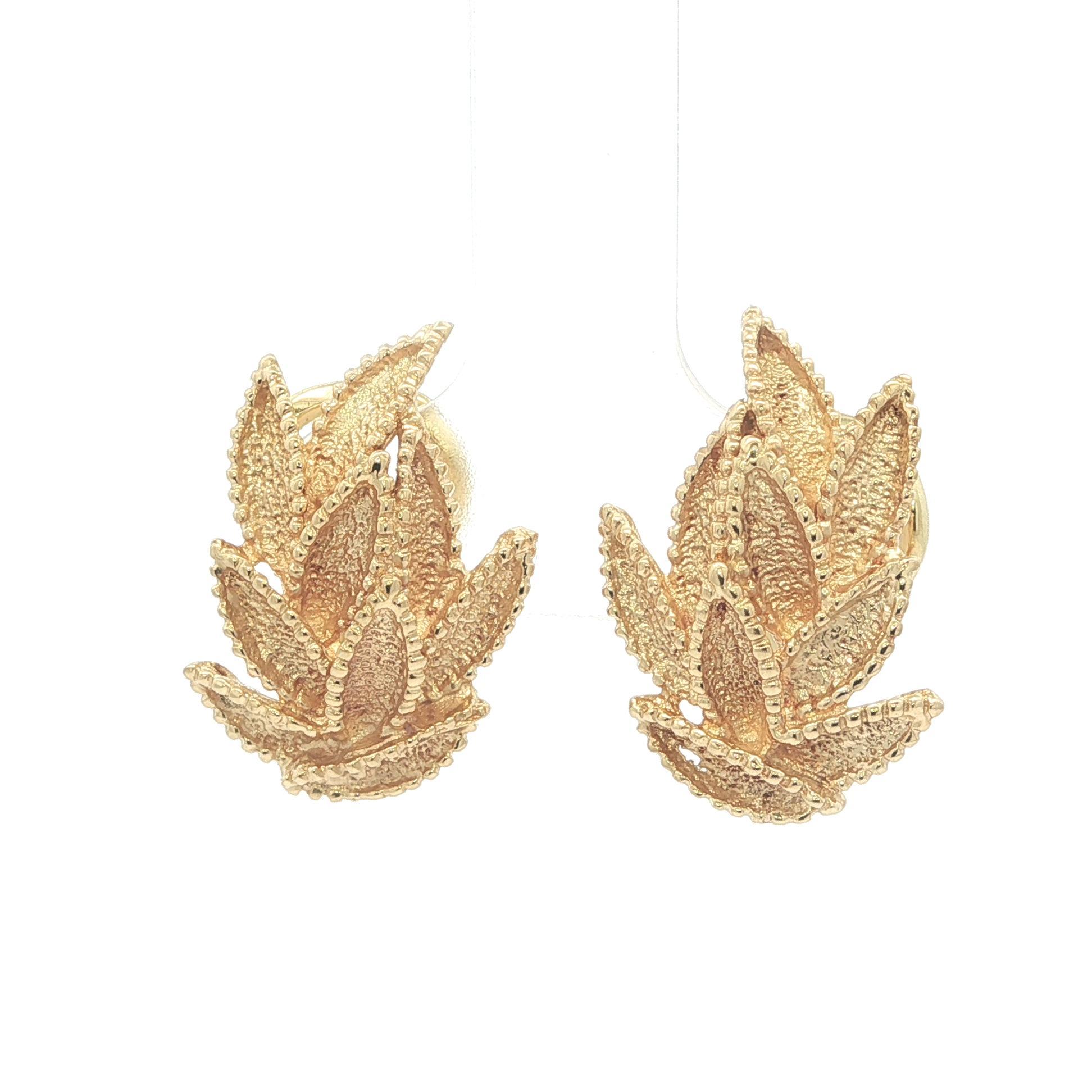 Beautiful Solid 18k Yellow Gold Textured Detailed Flames Leaves Omega Earrings