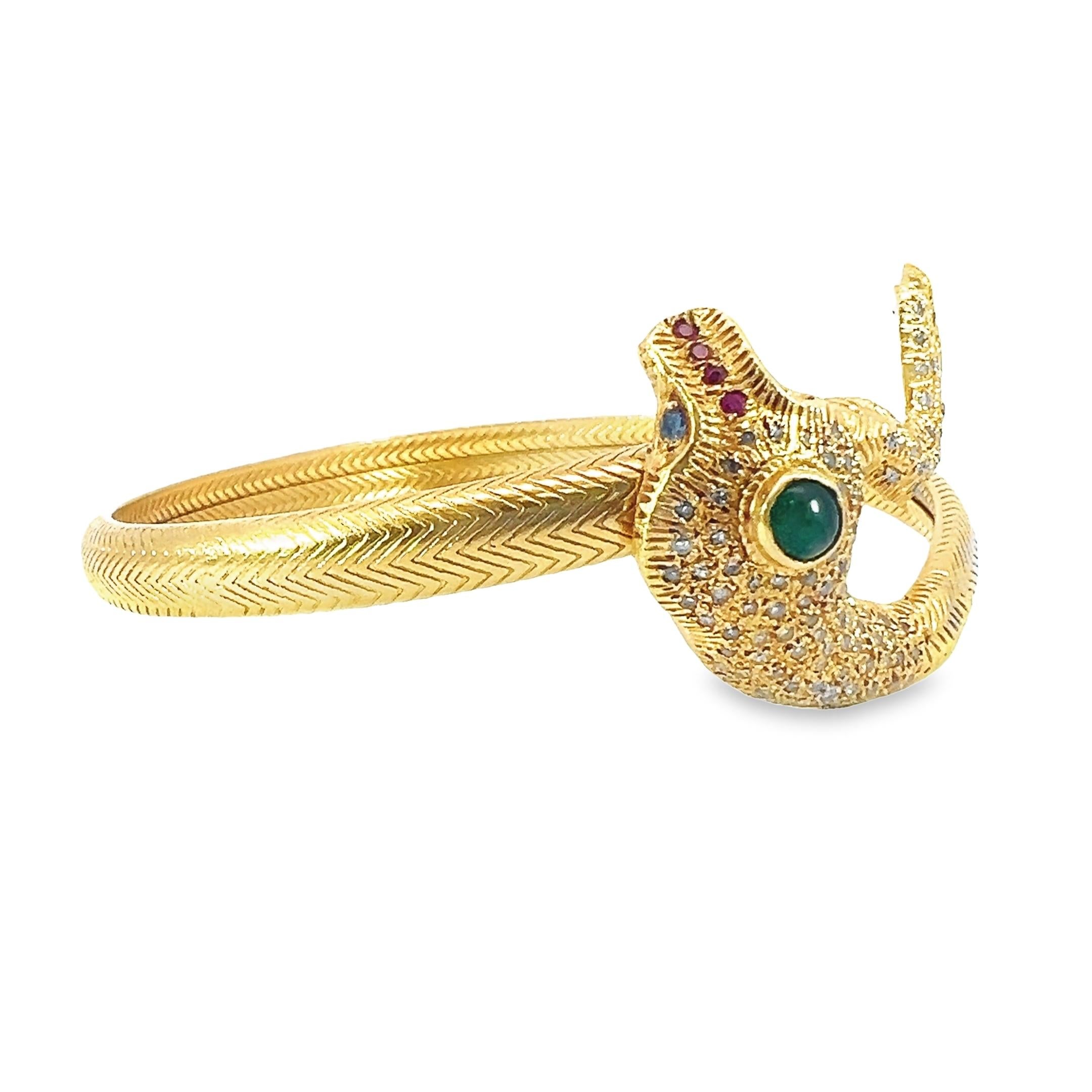 Women's Beautiful solid gold serpent bangle with diamond, emerald and ruby For Sale