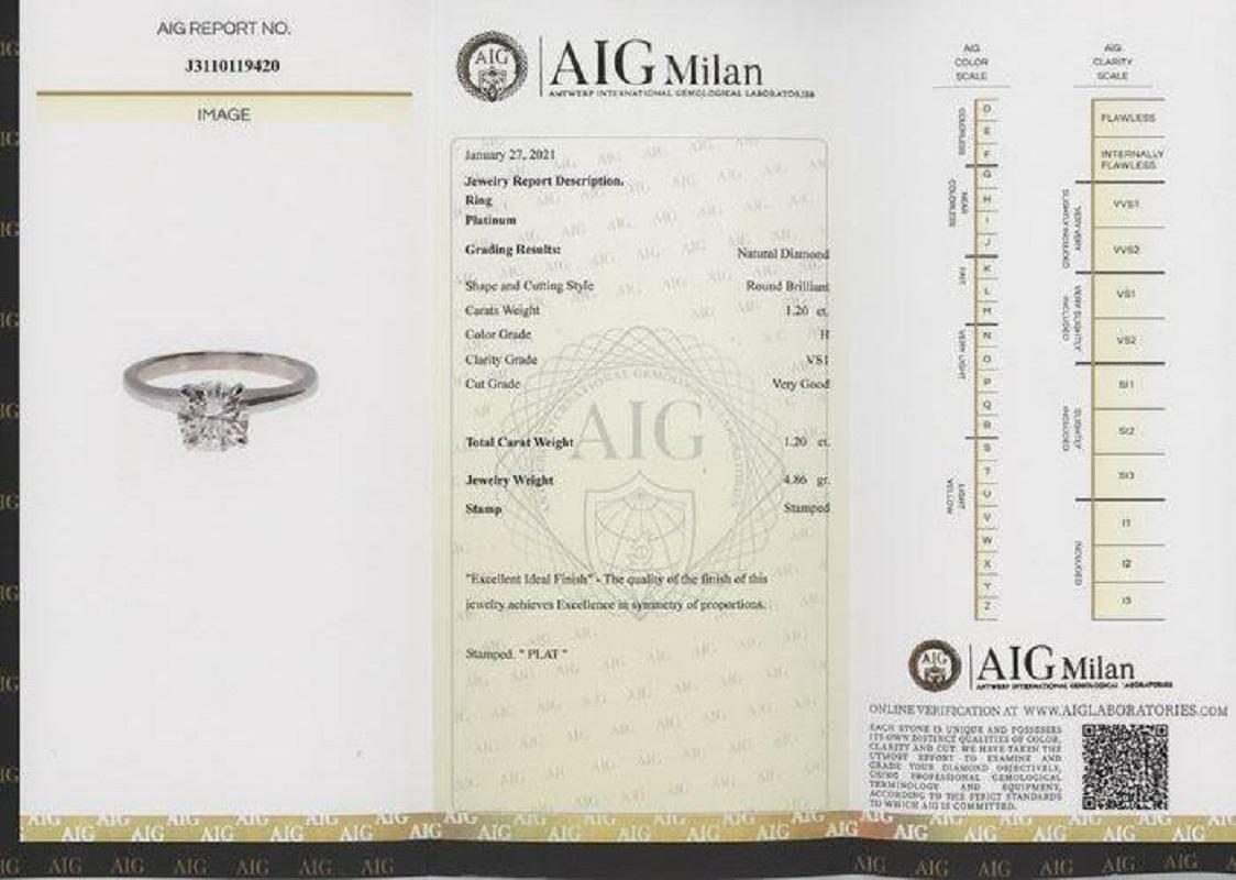 Schner Solitr-Platinring mit 1,20 Karat natrlichem Diamant, AIG-zertifiziert (Brillantschliff)