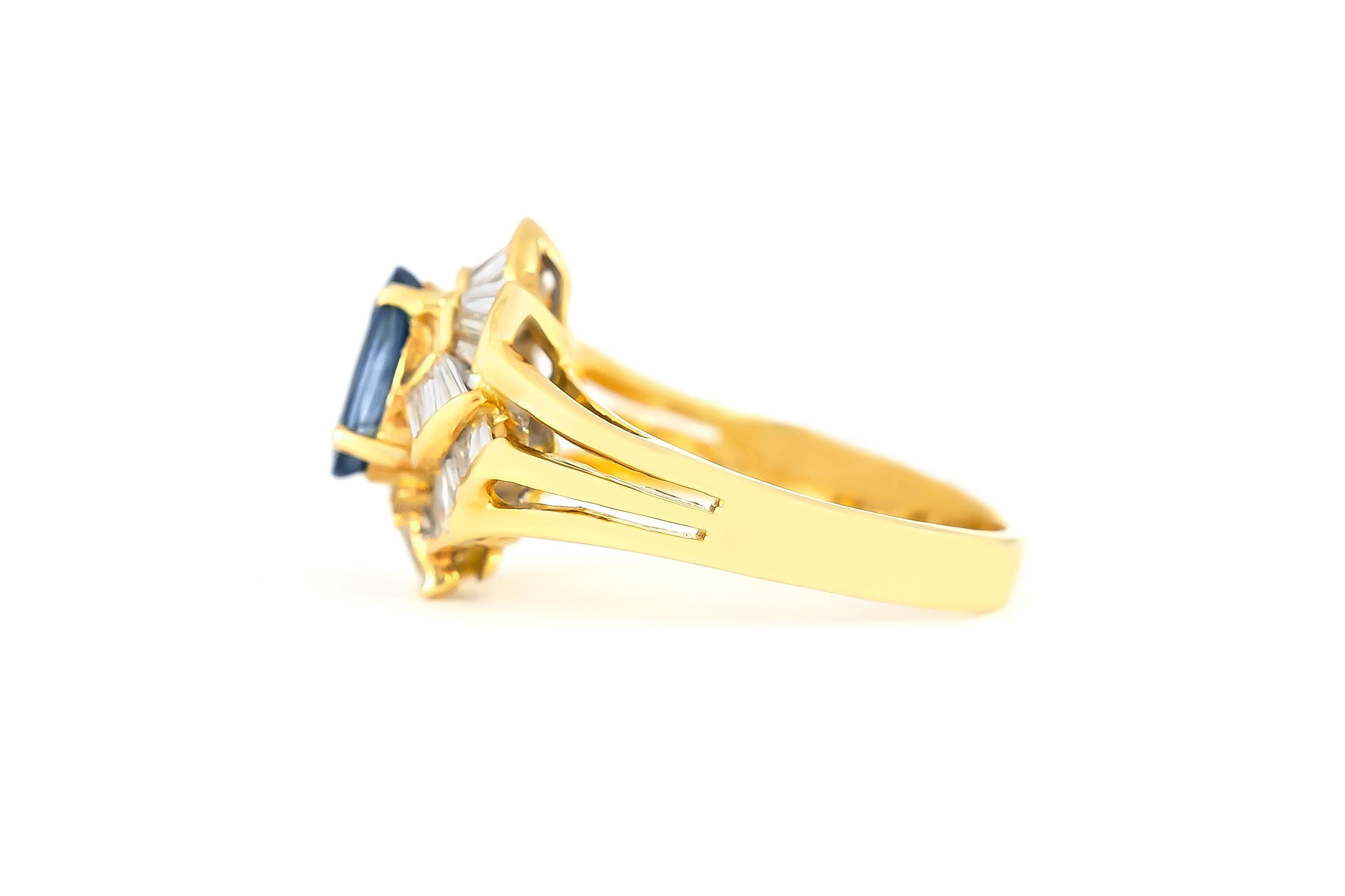 The ring is finely crafted in 14k yellow gold with center sapphire weighing approximately total of 1.28 carat and diamonds weighing approximately total of 0.85 carat.
Circa 1970.