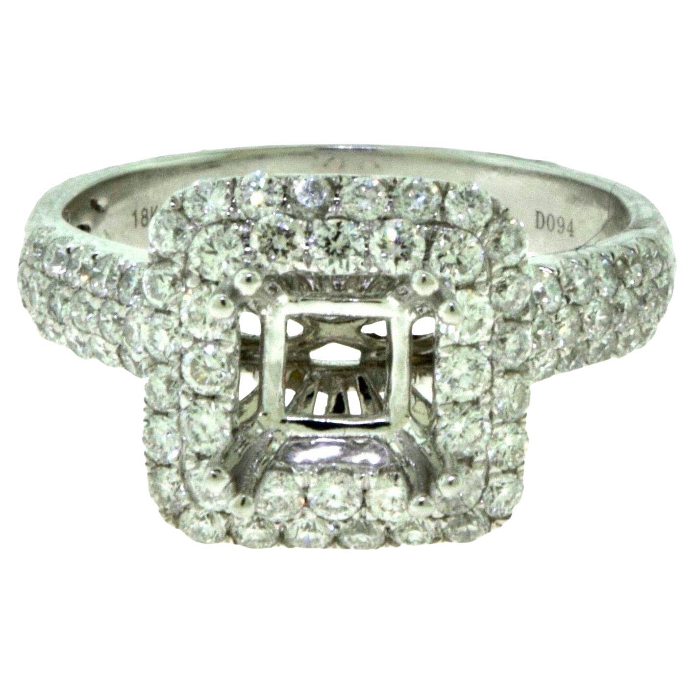 Beautiful Square Halo Diamond Engagement Ring 18k White Gold, 1.3 TCW