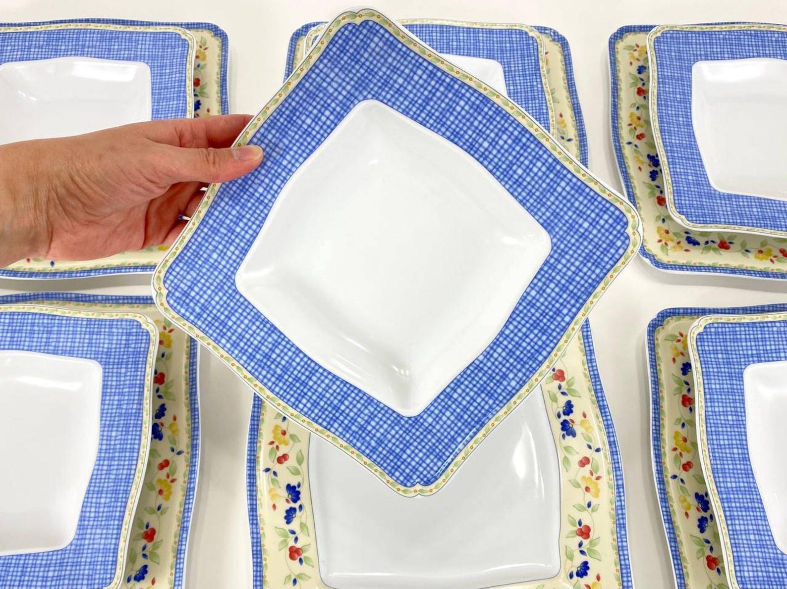 Set of German porcelain deep dinner plates in an elegant square shape and suitable charger plates hand-painted in blue glaze, and floral pattern. From famous company Van Well. 

The charger plate plays a special role in setting the table - it is