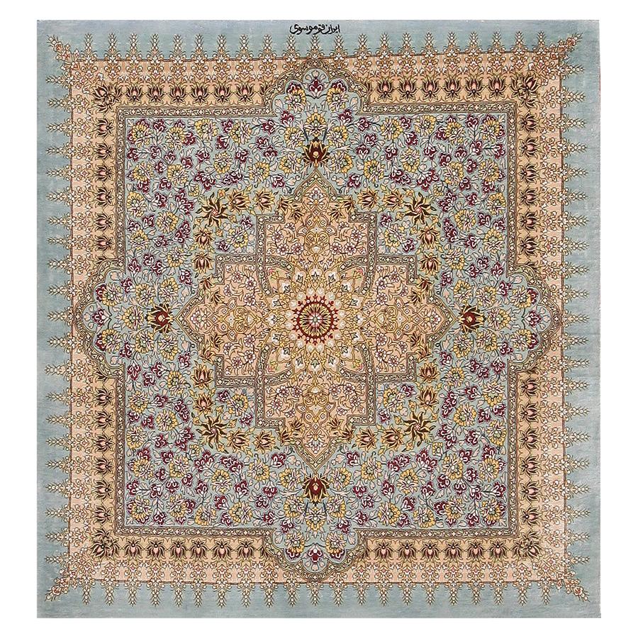 Beautiful Square Silk Vintage Persian Qum Rug. 3 ft 1 in x 3 ft 3 in