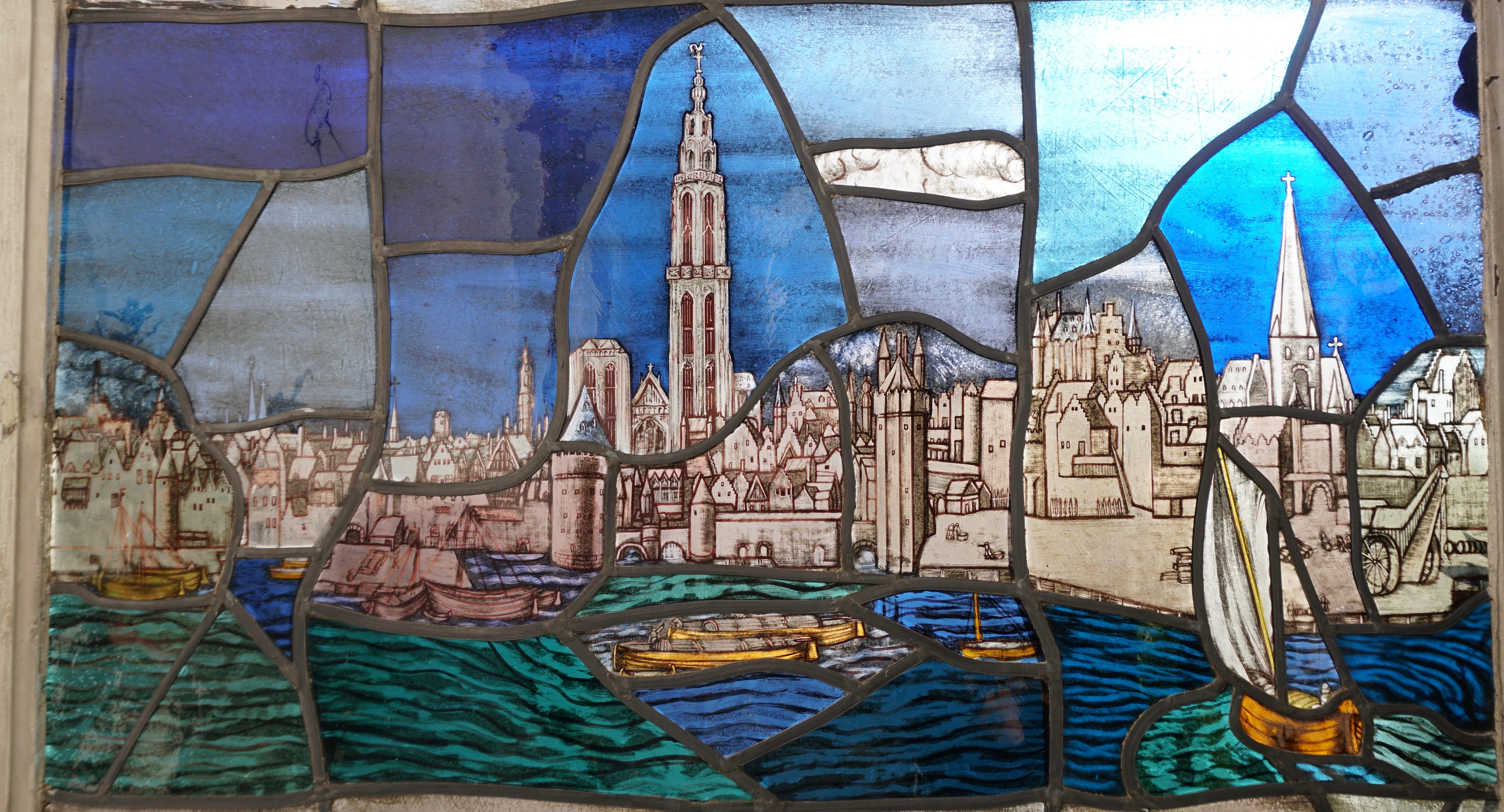 Folk Art Beautiful Stained Glass Window with a View of the Old Antwerp with the Cathedral