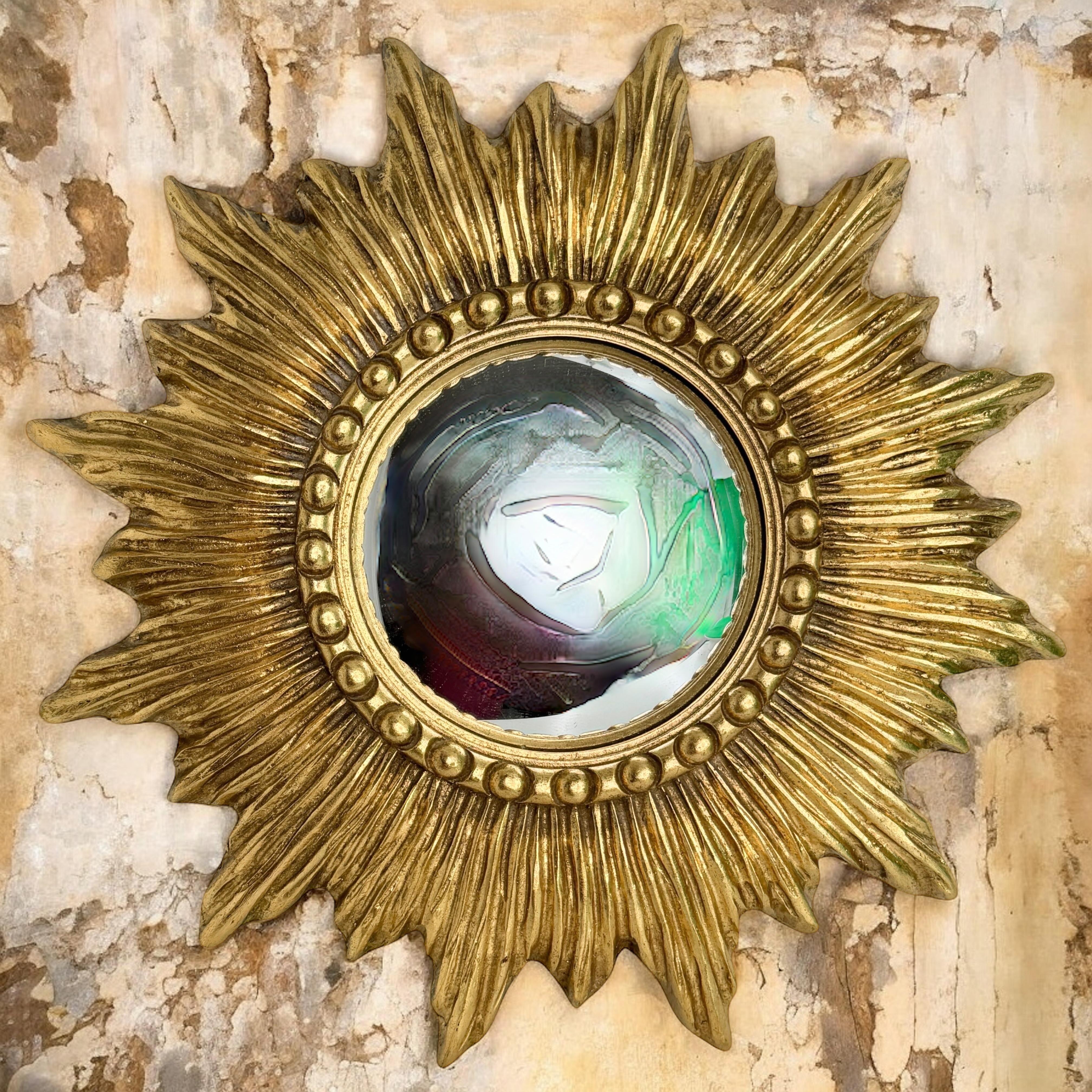 Beautiful Starburst Sunburst Gilded Resin Convex Mirror Belgium, circa 1970s For Sale 9