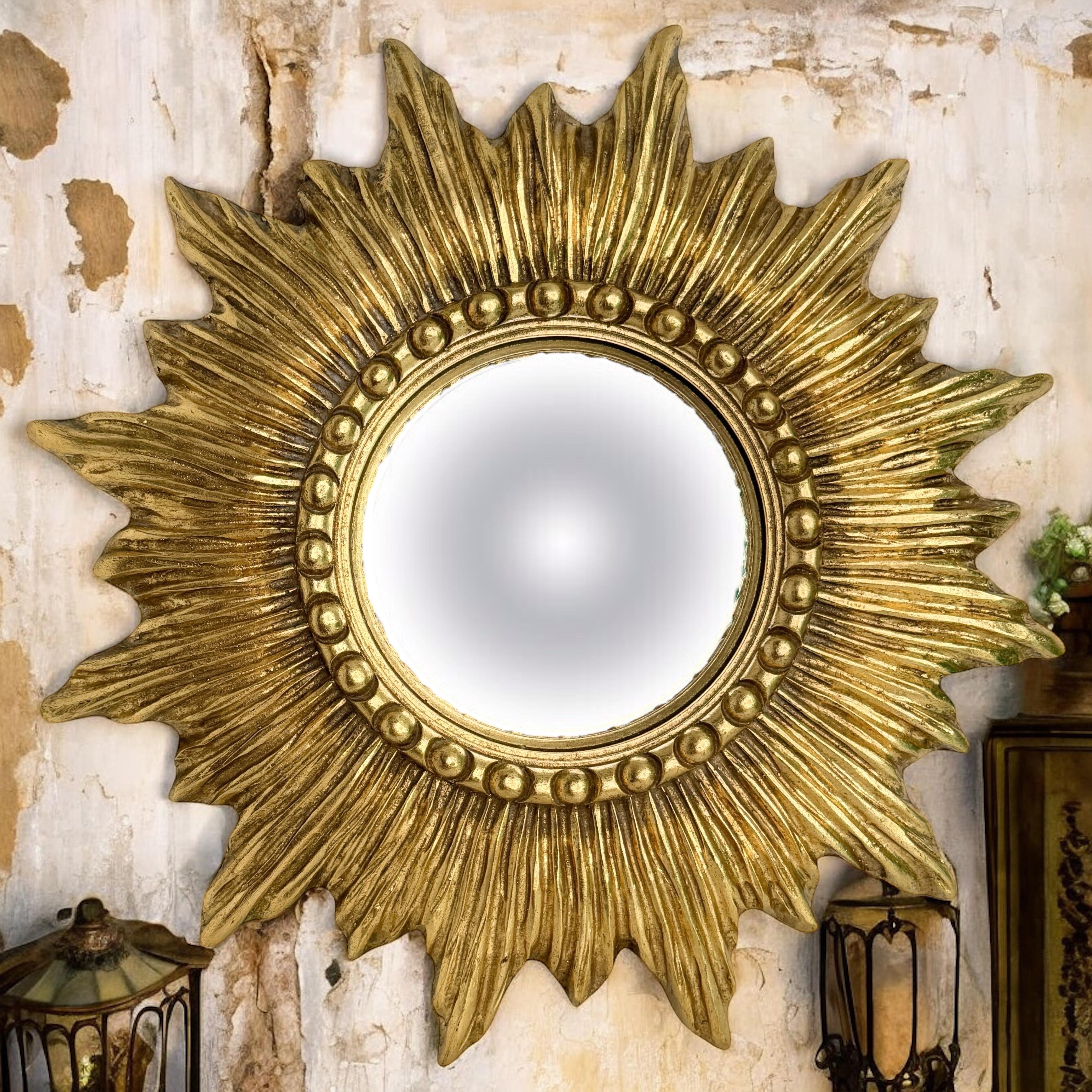 Hollywood Regency Beautiful Starburst Sunburst Gilded Resin Convex Mirror Belgium, circa 1970s For Sale